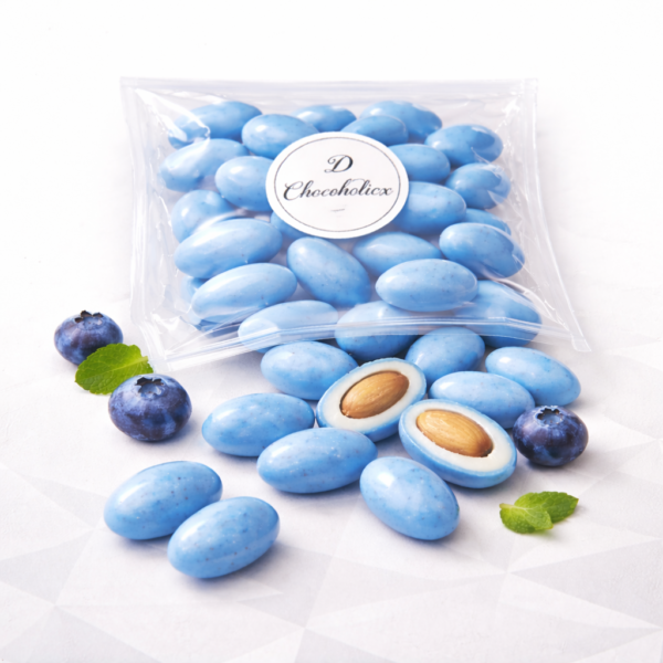Candy-coated almonds with blueberries and mint