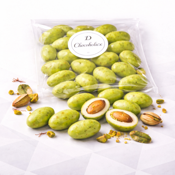 Green candy-coated almonds and treats