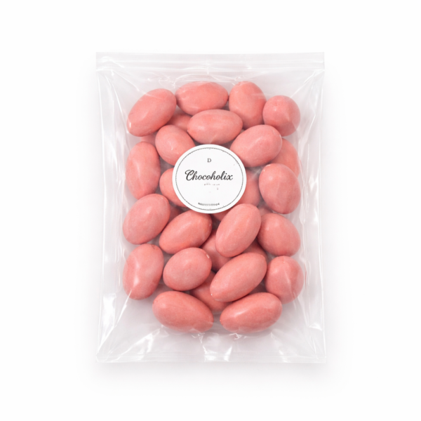 Pink-coated almonds in transparent bag
